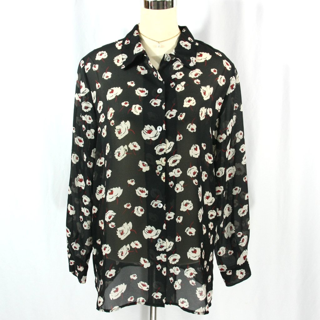 Impressions Womens Floral Rose Sheer Button Down Shirt Top Blouse Tunic M